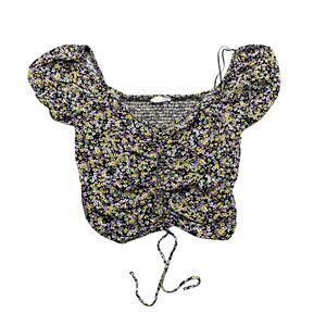 Elodie Floral Smocked Ruched Tie Front Crop Top‎ Shirt Womens XL Preppy Rretro